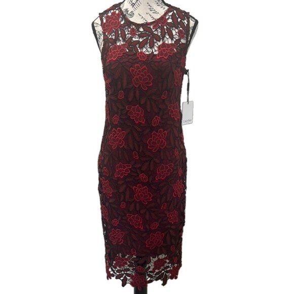 Calvin Klein Two-Tone Lace Sheath Dress - Size 6 | NWT Rosewood Red Midi - Picture 2 of 14